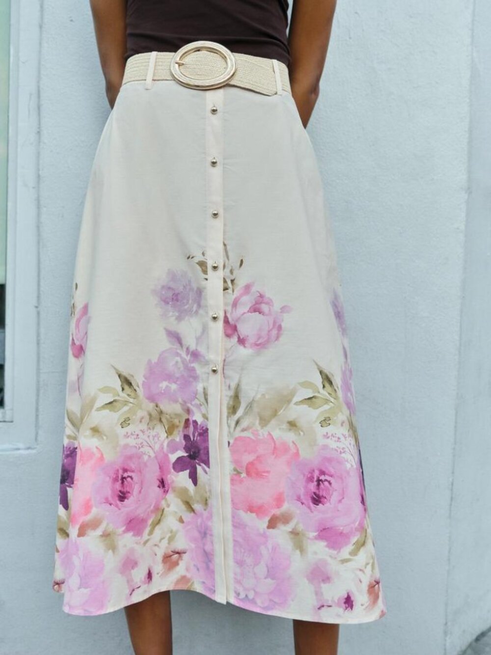 ZARA Floral Print Belted Midi Skirt Cotton A Line High Waist Small NWT Summer